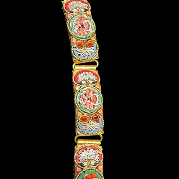 Vintage Millefiori Bracelet  Multicolor Micro Mosaic Floral Panels Goldtone 8" - Picture 6 of 8